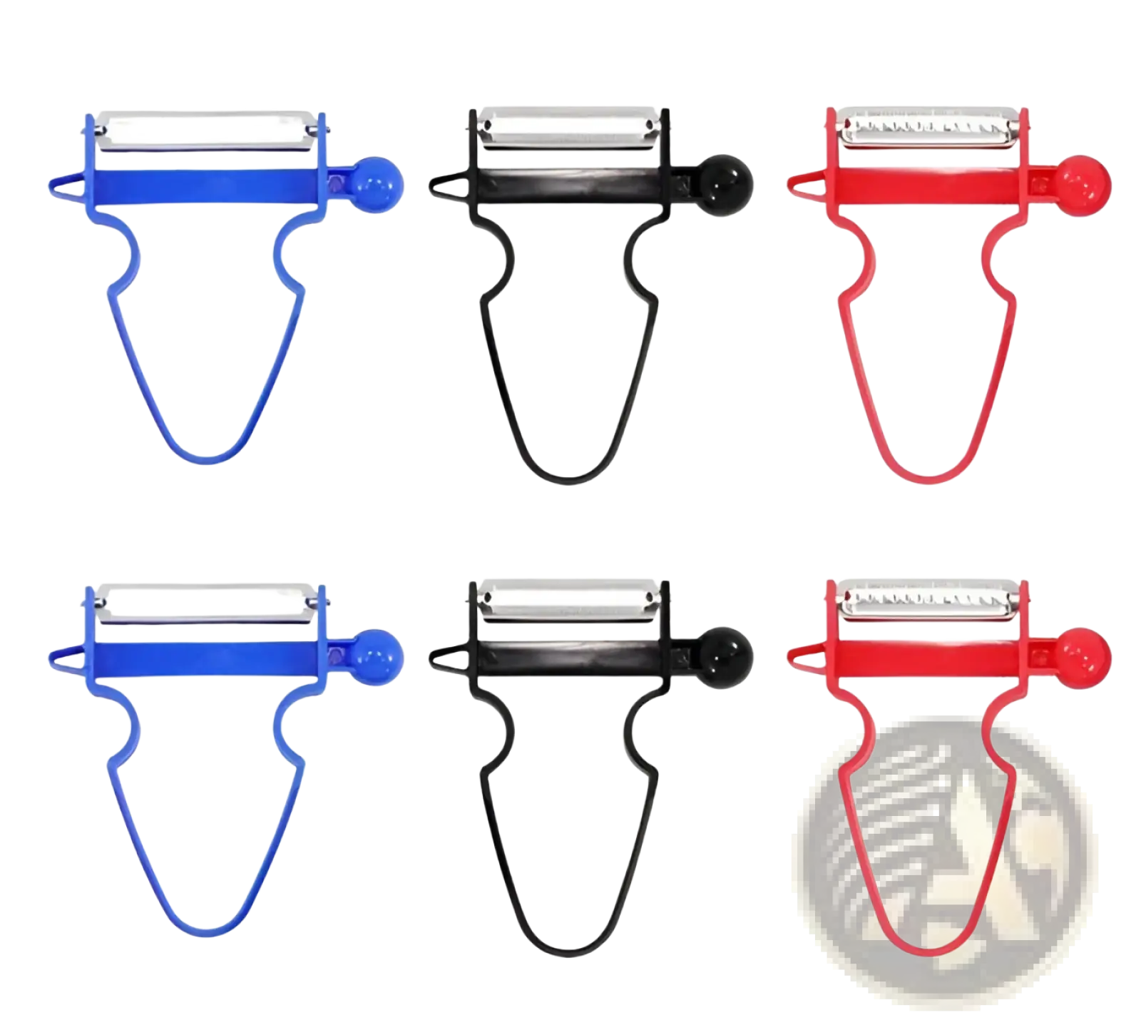 Set of six colorful vegetable peelers with stainless steel swivel blades and plastic handles in blue black and red