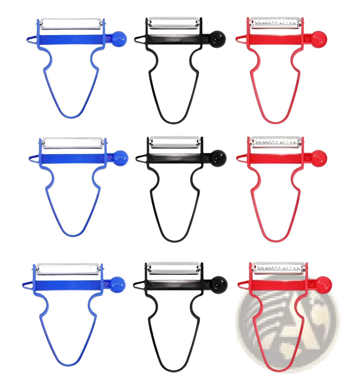 Set of three vegetable peelers with stainless steel swivel blades and blue black and red plastic handles