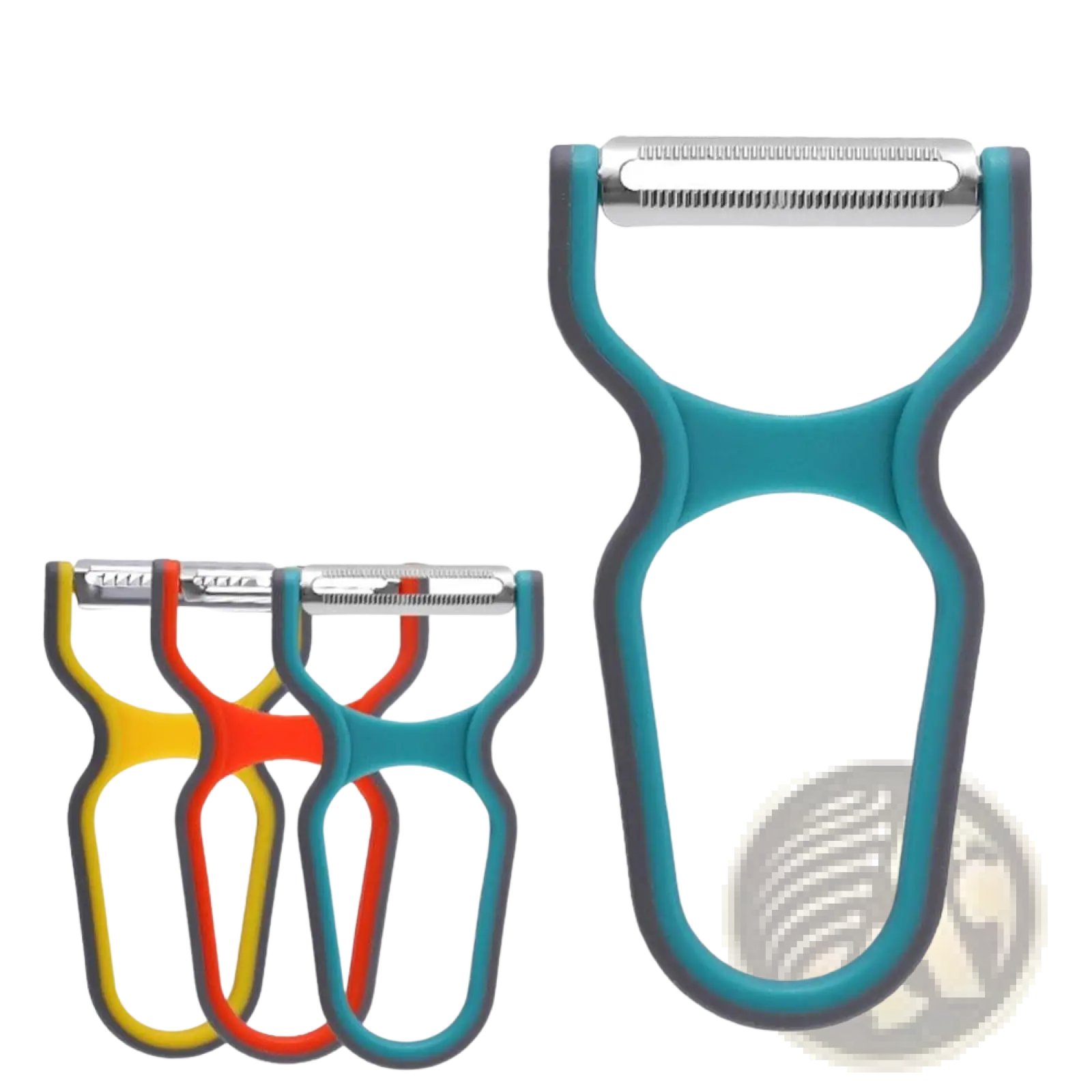 Set of three stainless steel swivel blade vegetable peelers with ergonomic silicone handles in yellow red and teal