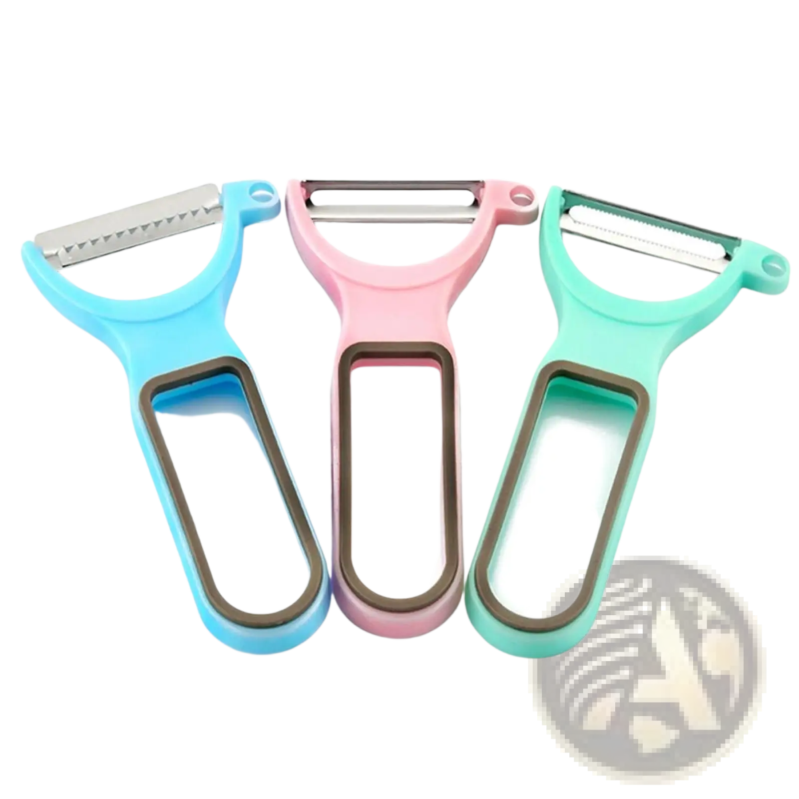 Set of three colorful vegetable peelers with stainless steel swivel blades and blue pink and mint green plastic handles