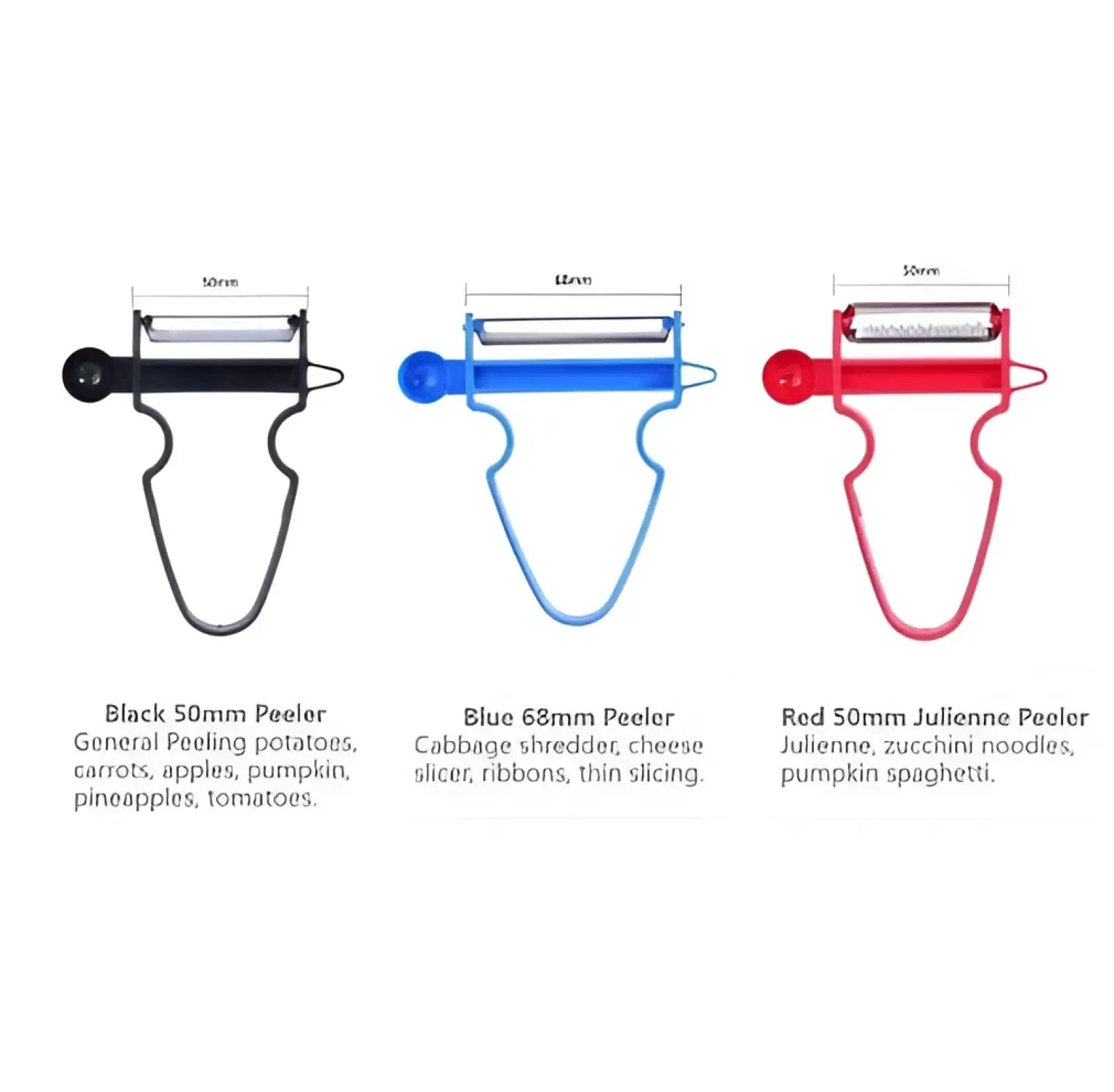 Vegetable peeler set stainless steel swivel blade 3 pack with black blue and red ergonomic handles