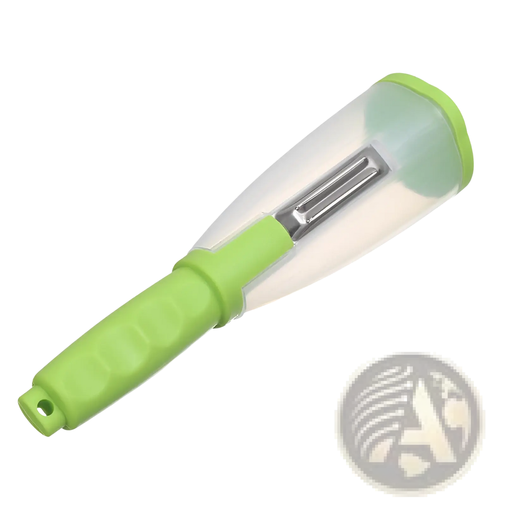 Vegetable peeler with green plastic handle stainless steel blade and clear protective cover for safe storage