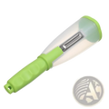 Vegetable peeler with green plastic handle stainless steel blade and clear protective cover for safe storage