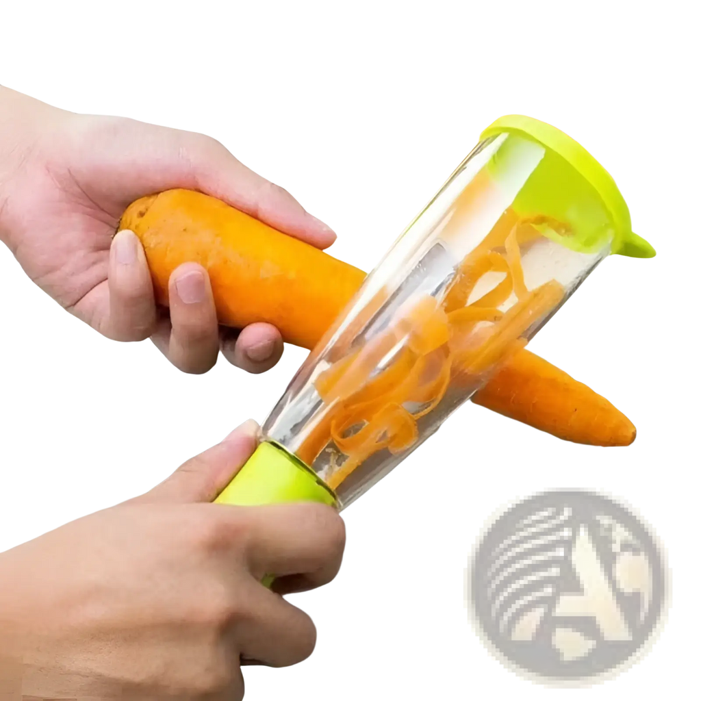 Transparent vegetable peeler with bright green handle and lid, stainless steel blade, designed for easy spiral peeling and storage