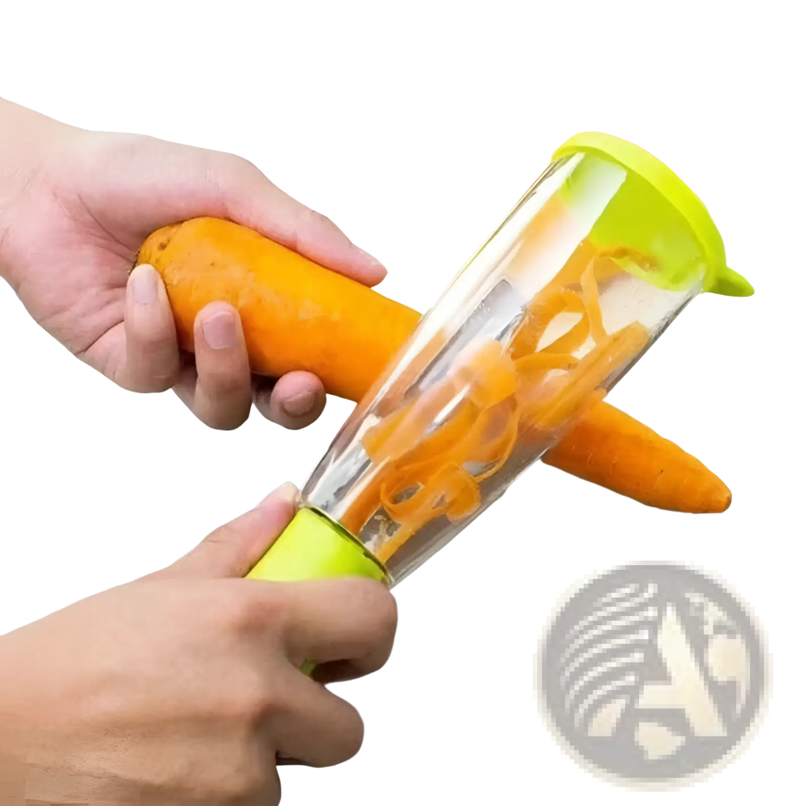Transparent vegetable peeler with bright green handle and lid, stainless steel blade, designed for easy spiral peeling and storage