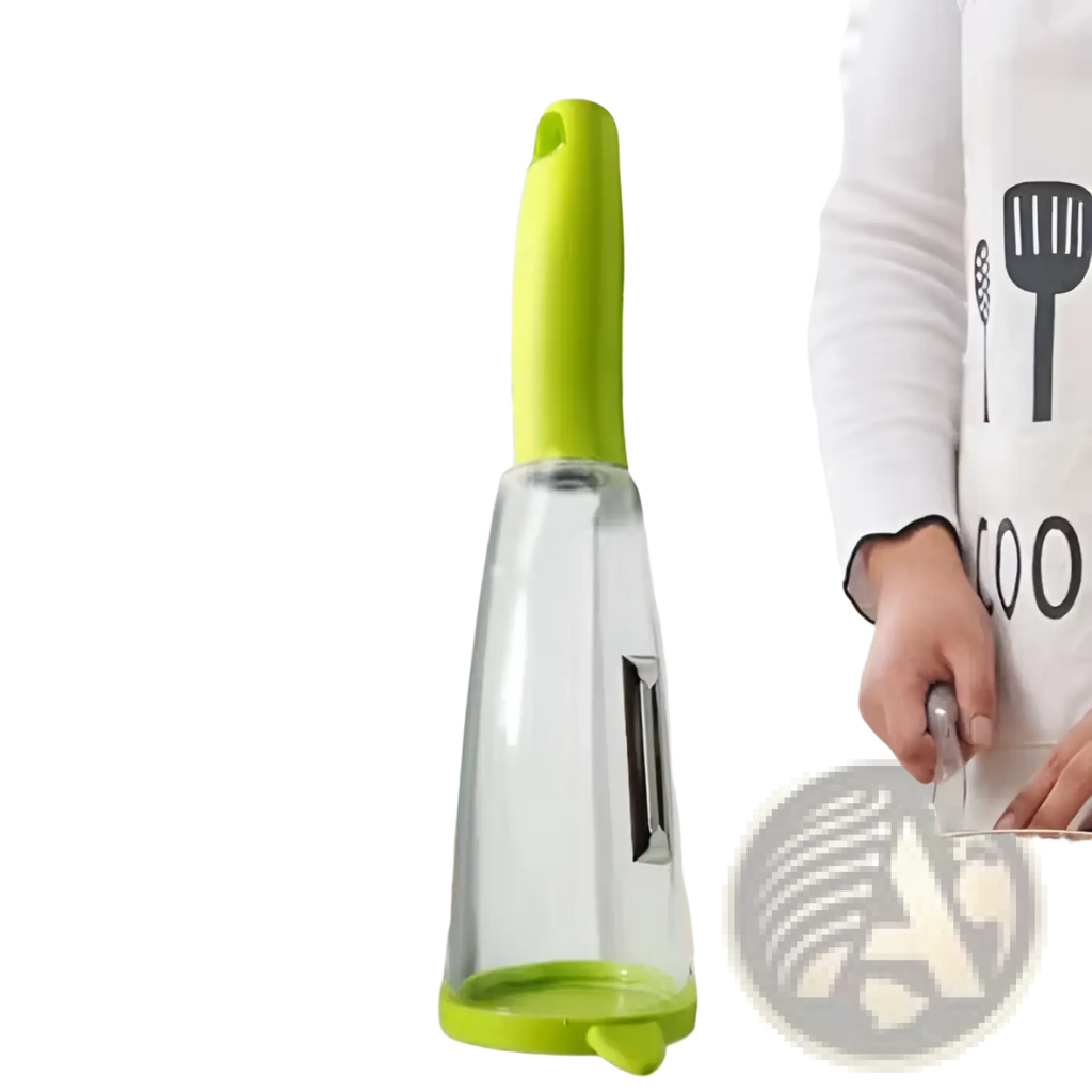 A transparent glass salad dressing dispenser with lime green handle and base for vegetable peeler storage use