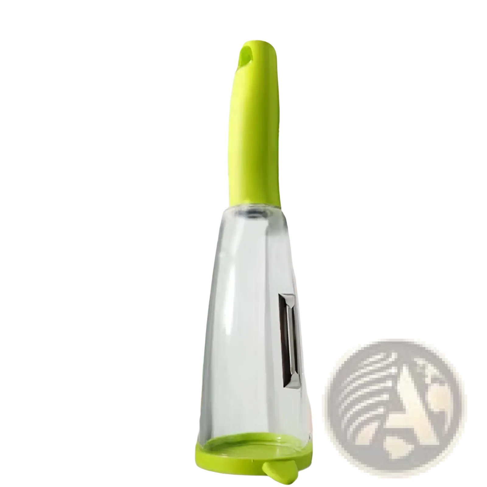 A clear glass salad dressing dispenser with lime green handle and base alongside a stainless blade vegetable peeler with storage box