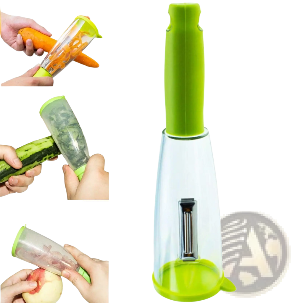 Green and transparent vegetable peeler with stainless blade and ergonomic design for efficient peeling with storage box