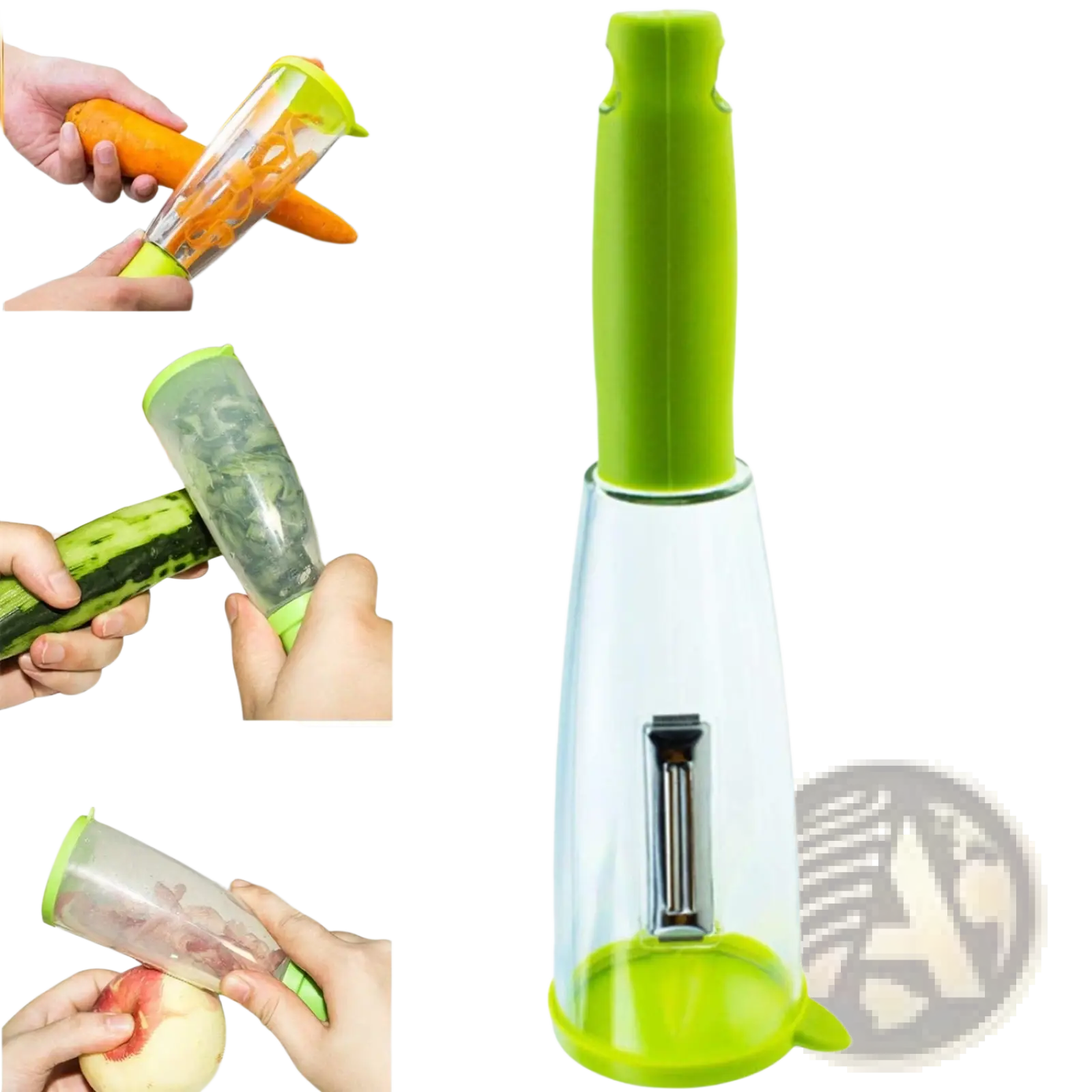 Green and transparent vegetable peeler with stainless blade and ergonomic design for efficient peeling with storage box
