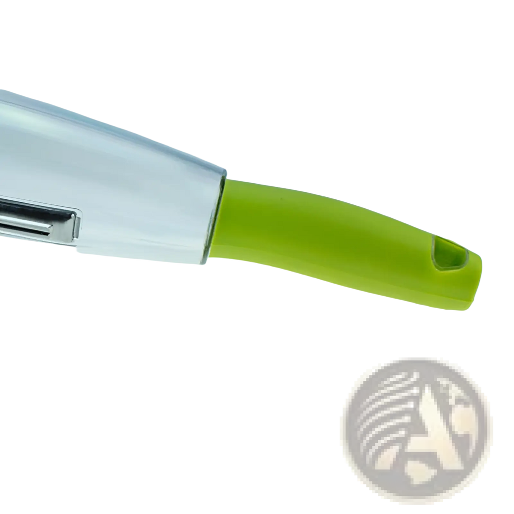 Vegetable peeler with lime green plastic handle, clear transparent blade, stainless steel edge, and storage box