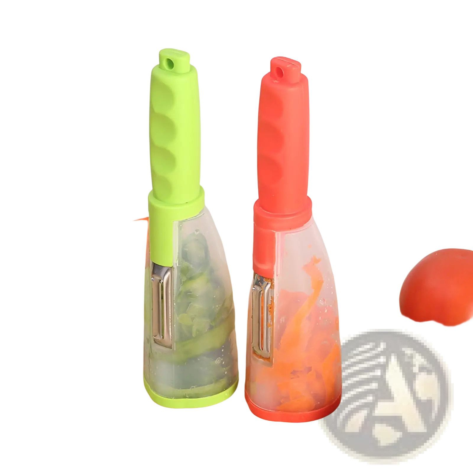 Two colorful vegetable peelers with ergonomic handles transparent bodies stainless steel blades lime green and coral red
