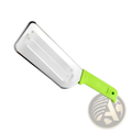 Bright green plastic handle attached to a stainless steel vegetable shredder slicer blade with two parallel grooves