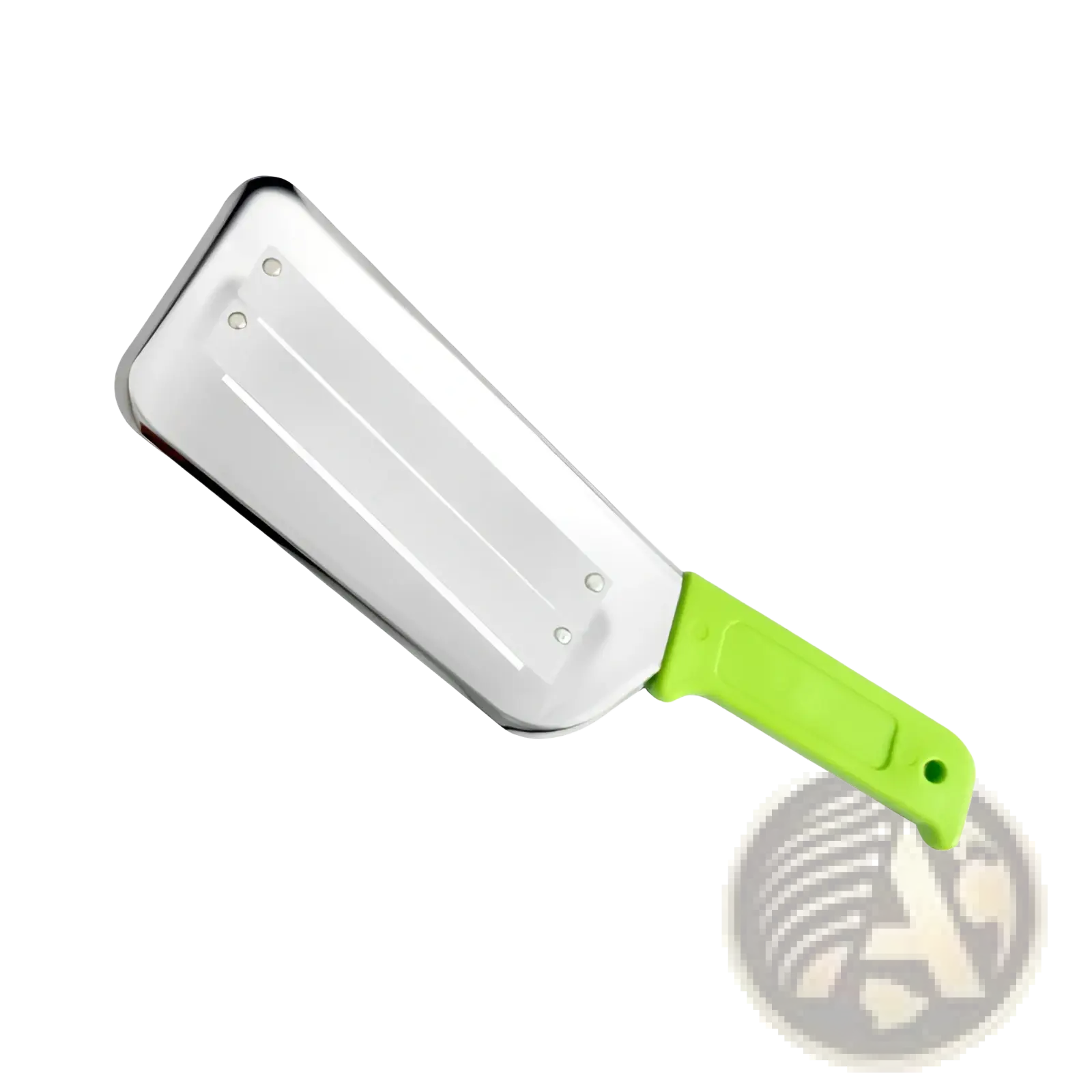 Bright green plastic handle attached to a stainless steel vegetable shredder slicer blade with two parallel grooves