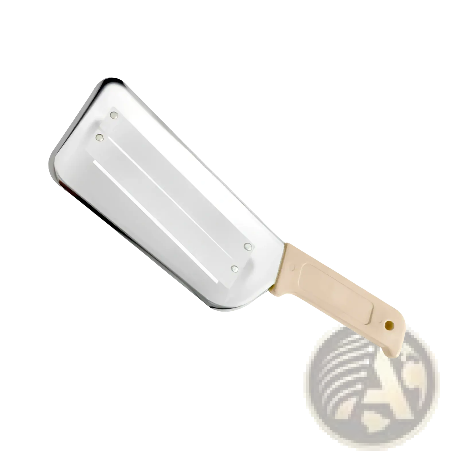 A sleek rectangular stainless steel vegetable shredder slicer tool with a beige plastic handle