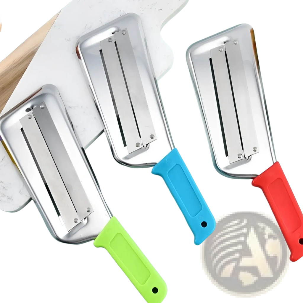 Three colorful vegetable shredder stainless steel slicer tools with ergonomic green blue and red handles