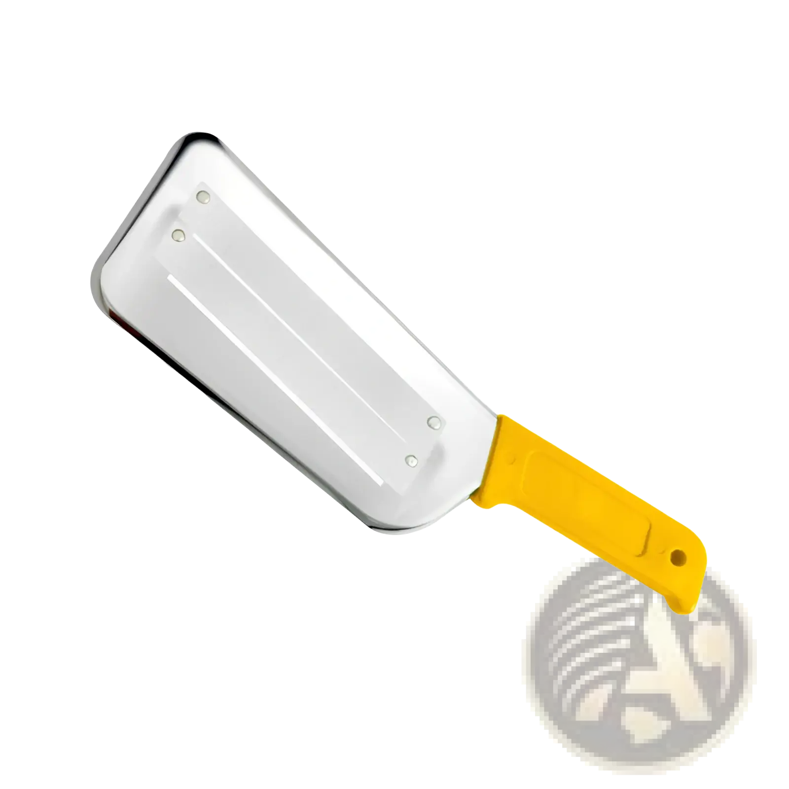 Yellow-handled stainless steel meat cleaver with rectangular blade and two grooves for vegetable shredding and slicing