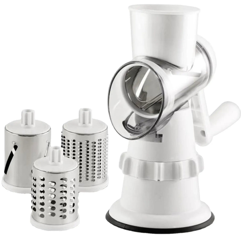 White plastic and stainless steel vegetable slicer 3 in 1 manual rotary grater mandoline with interchangeable metal attachments