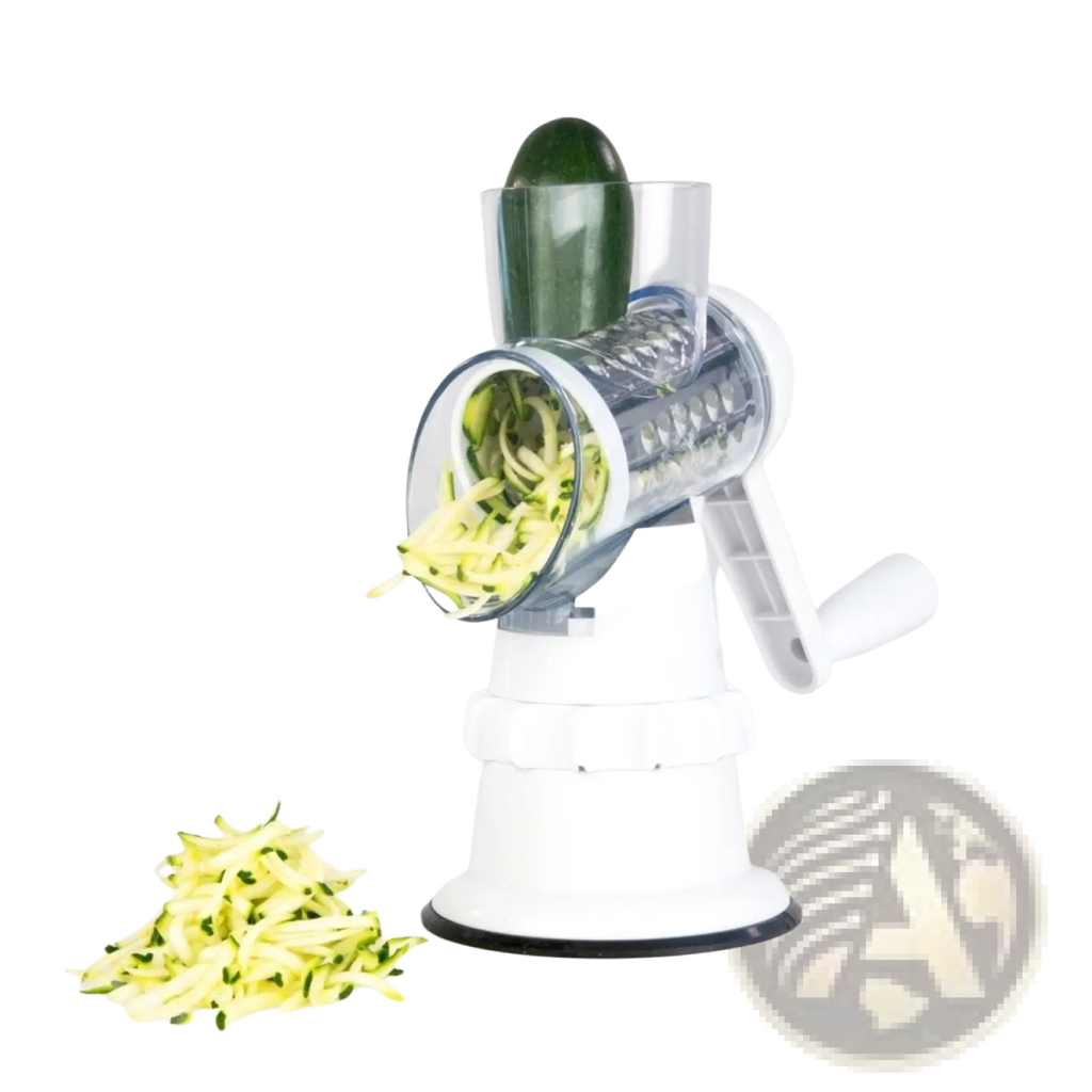 White and clear plastic vegetable slicer 3 in 1 manual rotary grater mandoline shredding a cucumber into thin strands