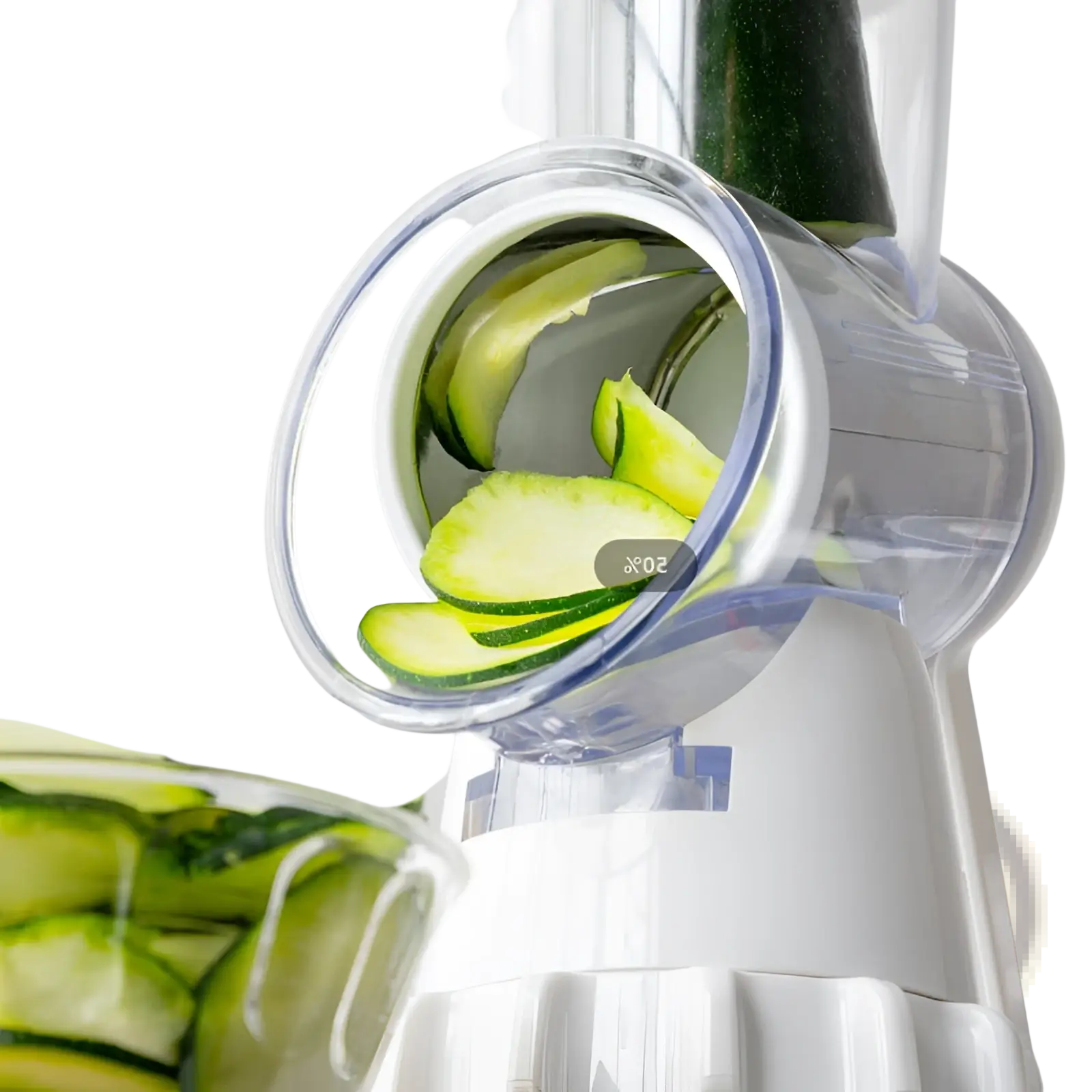 Clear plastic 3 in 1 manual rotary grater mandoline with white base slicing green zucchini into thin rounds