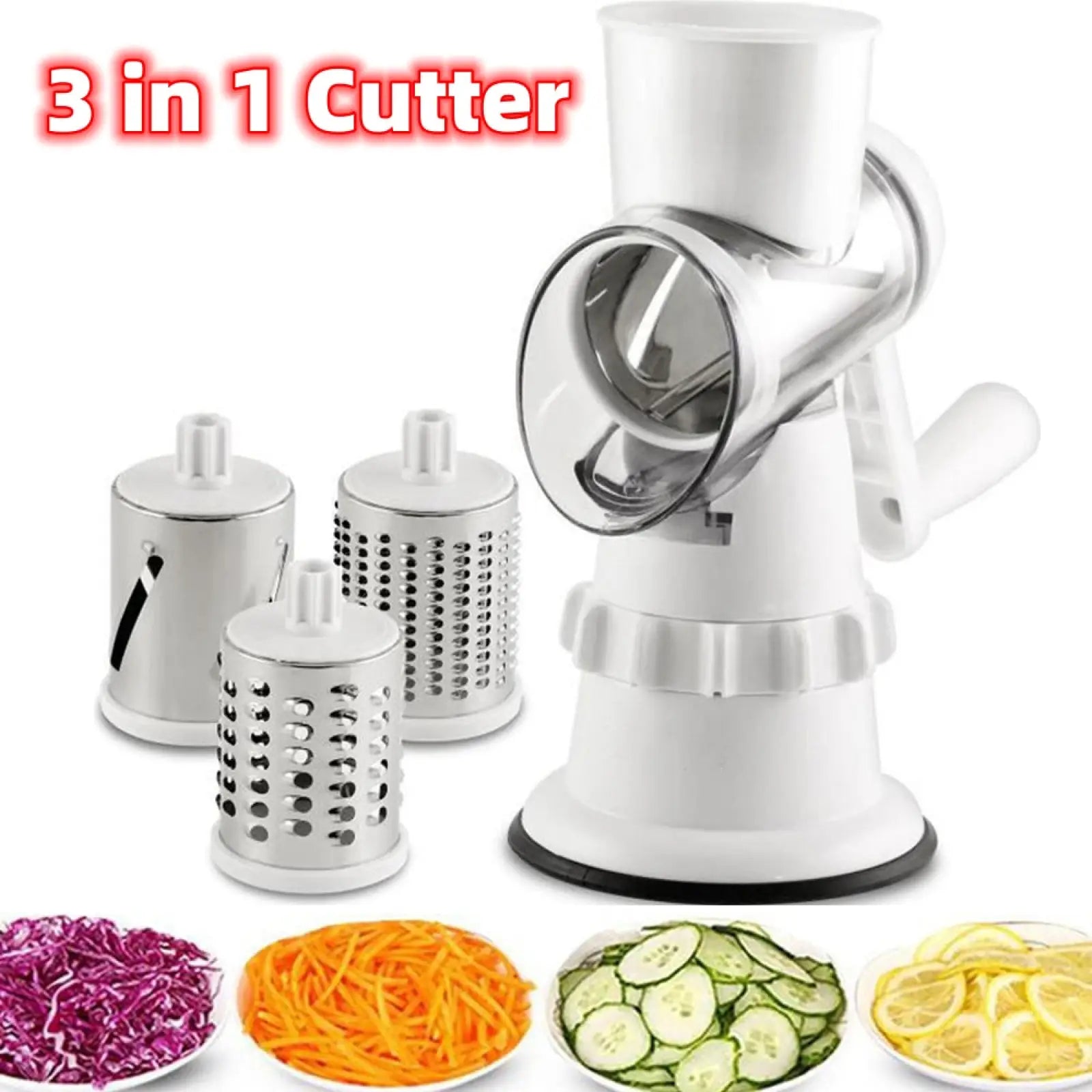 White plastic and stainless steel 3 in 1 manual rotary grater mandoline with interchangeable grating attachments
