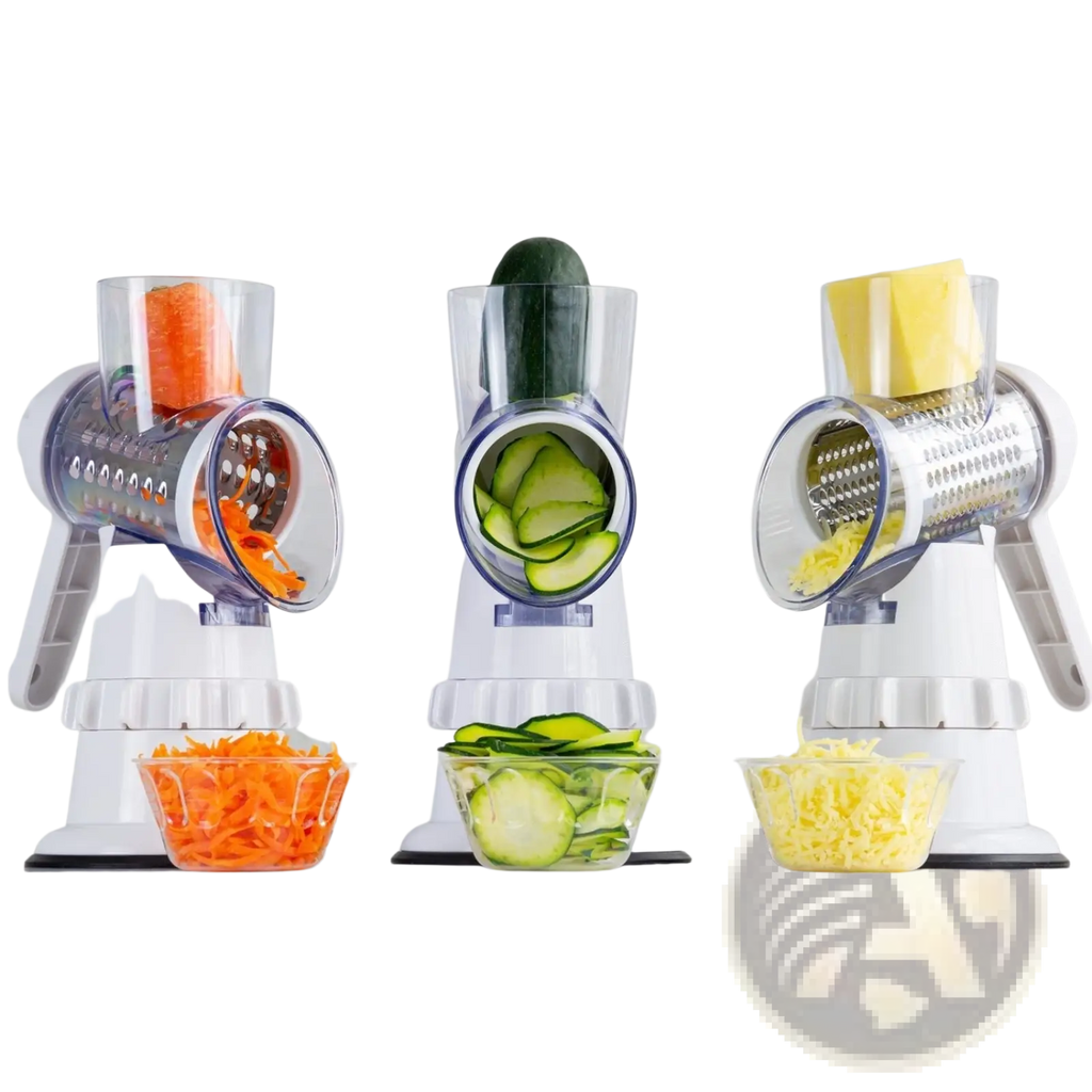 Three white manual rotary graters with clear plastic feed tubes and metal surfaces used for vegetable slicing