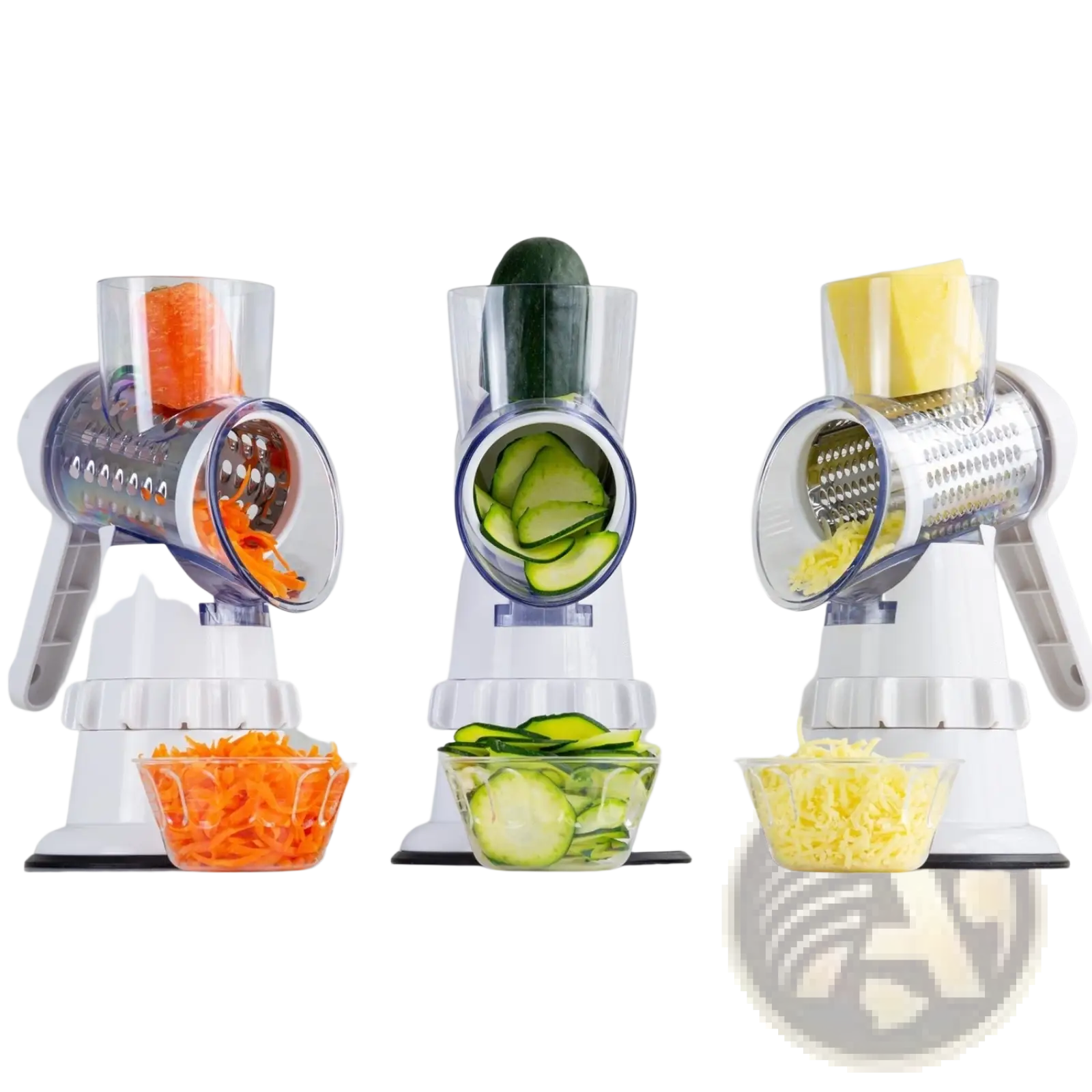 Three white manual rotary graters with clear plastic feed tubes and metal surfaces used for vegetable slicing