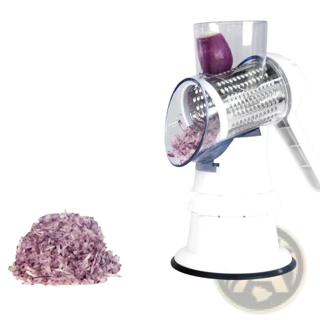 White and silver electric vegetable slicer 3 in 1 manual rotary grater mandoline shredding a purple onion