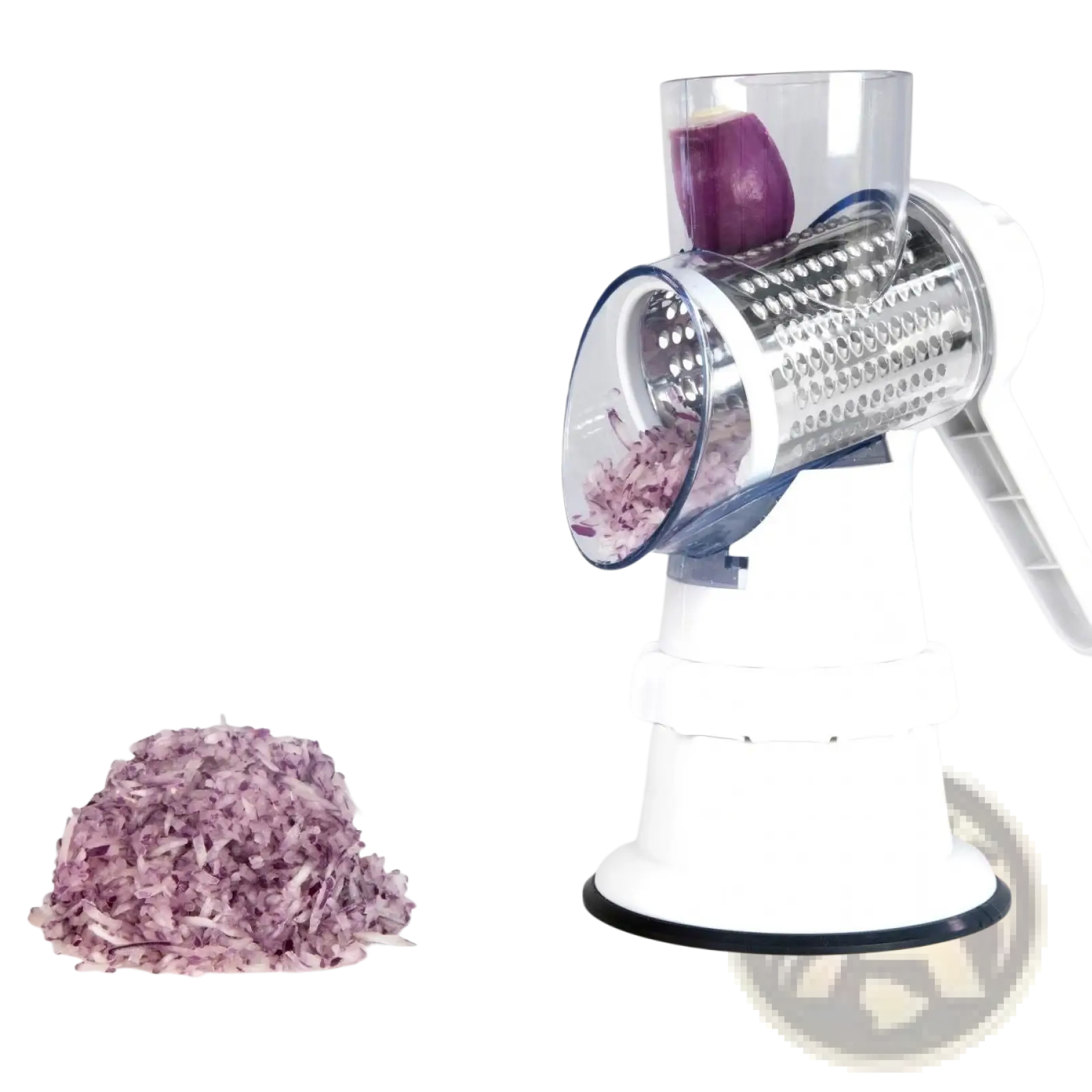 White and silver electric vegetable slicer 3 in 1 manual rotary grater mandoline shredding a purple onion