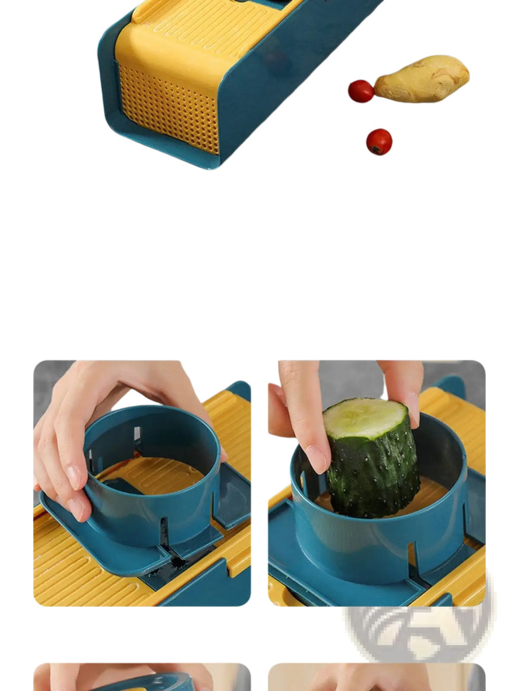 Blue and yellow plastic vegetable slicer 5 in 1 multi functional cutter with perforated base for efficient slicing