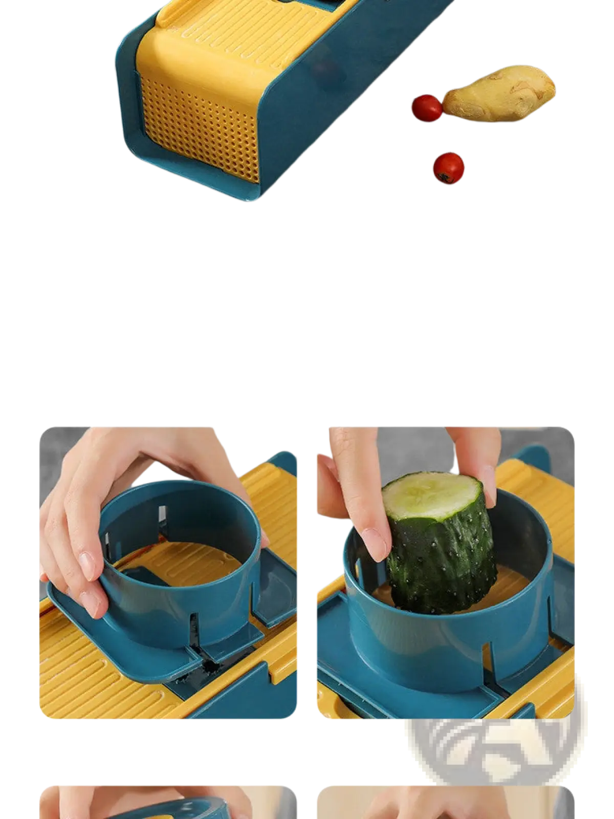 Blue and yellow plastic vegetable slicer 5 in 1 multi functional cutter with perforated base for efficient slicing