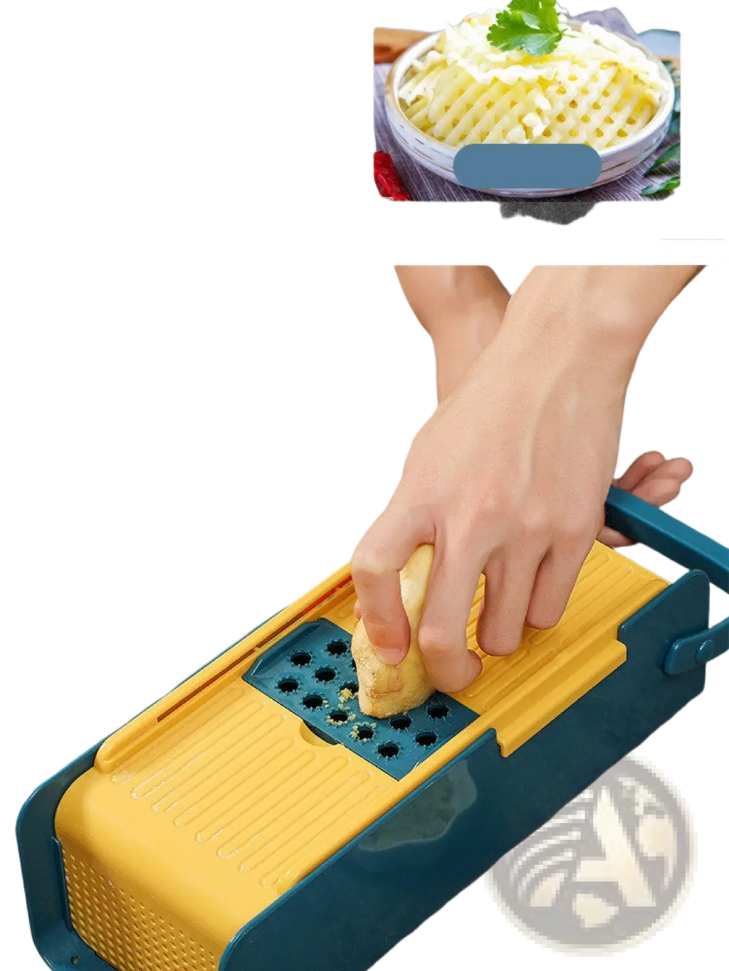 Yellow and teal vegetable slicer 5 in 1 multi functional cutter with a black grated surface for versatile use
