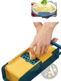 Yellow and teal vegetable slicer 5 in 1 multi functional cutter with a black grated surface for versatile use