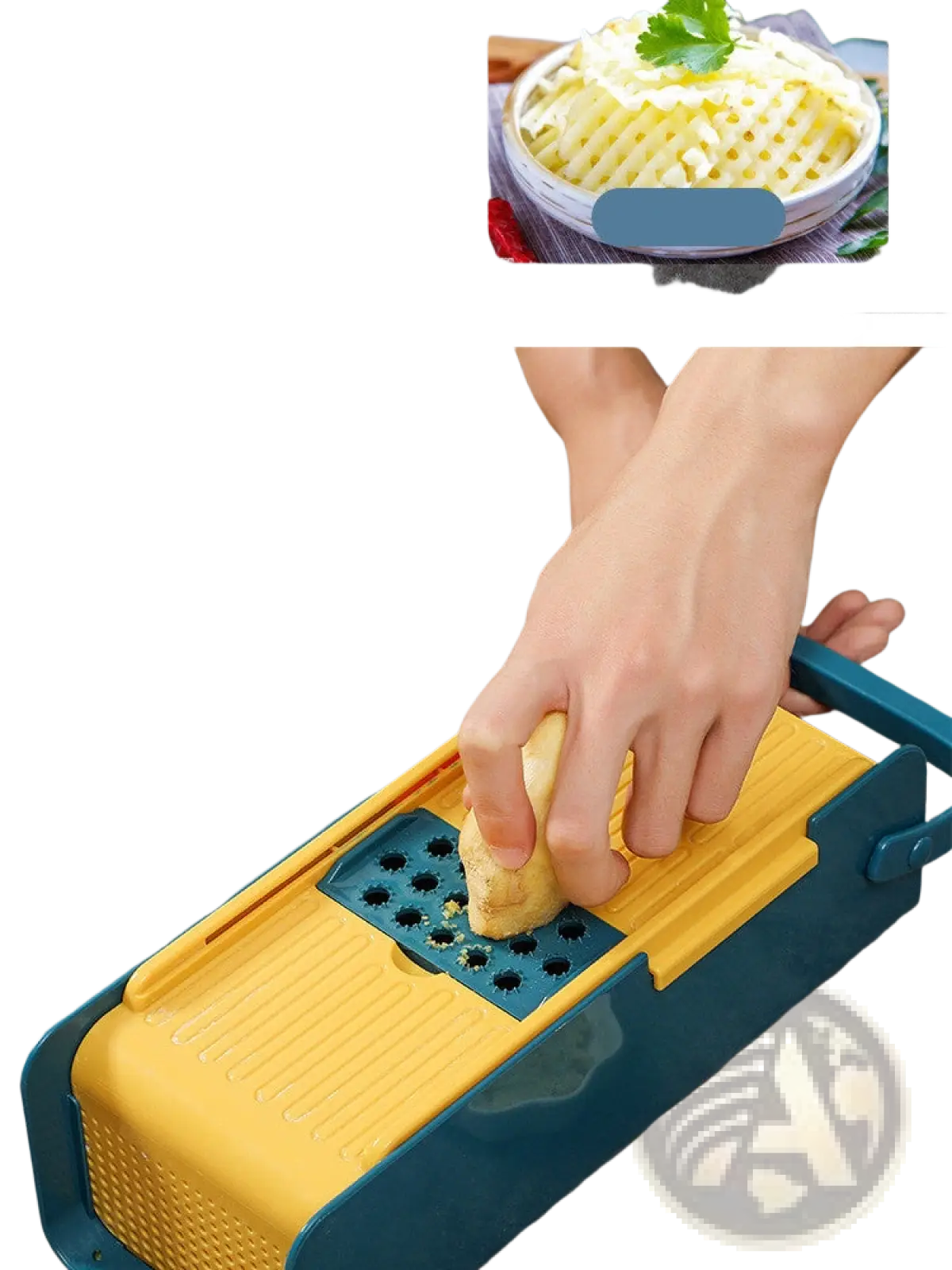 Yellow and teal vegetable slicer 5 in 1 multi functional cutter with a black grated surface for versatile use