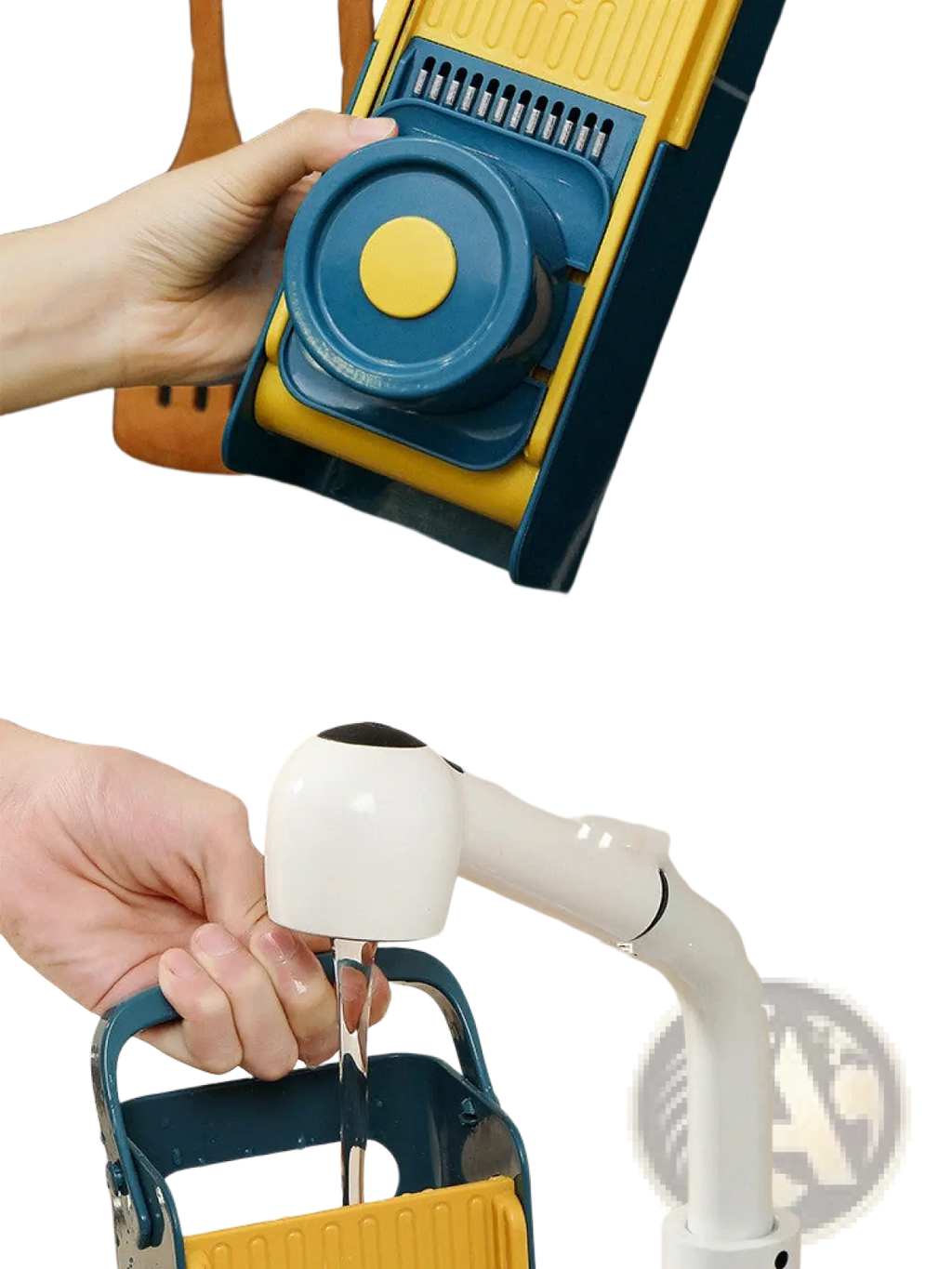 Vegetable slicer 5 in 1 multifunctional cutter in blue and yellow with adjustable slicing blades and circular knob
