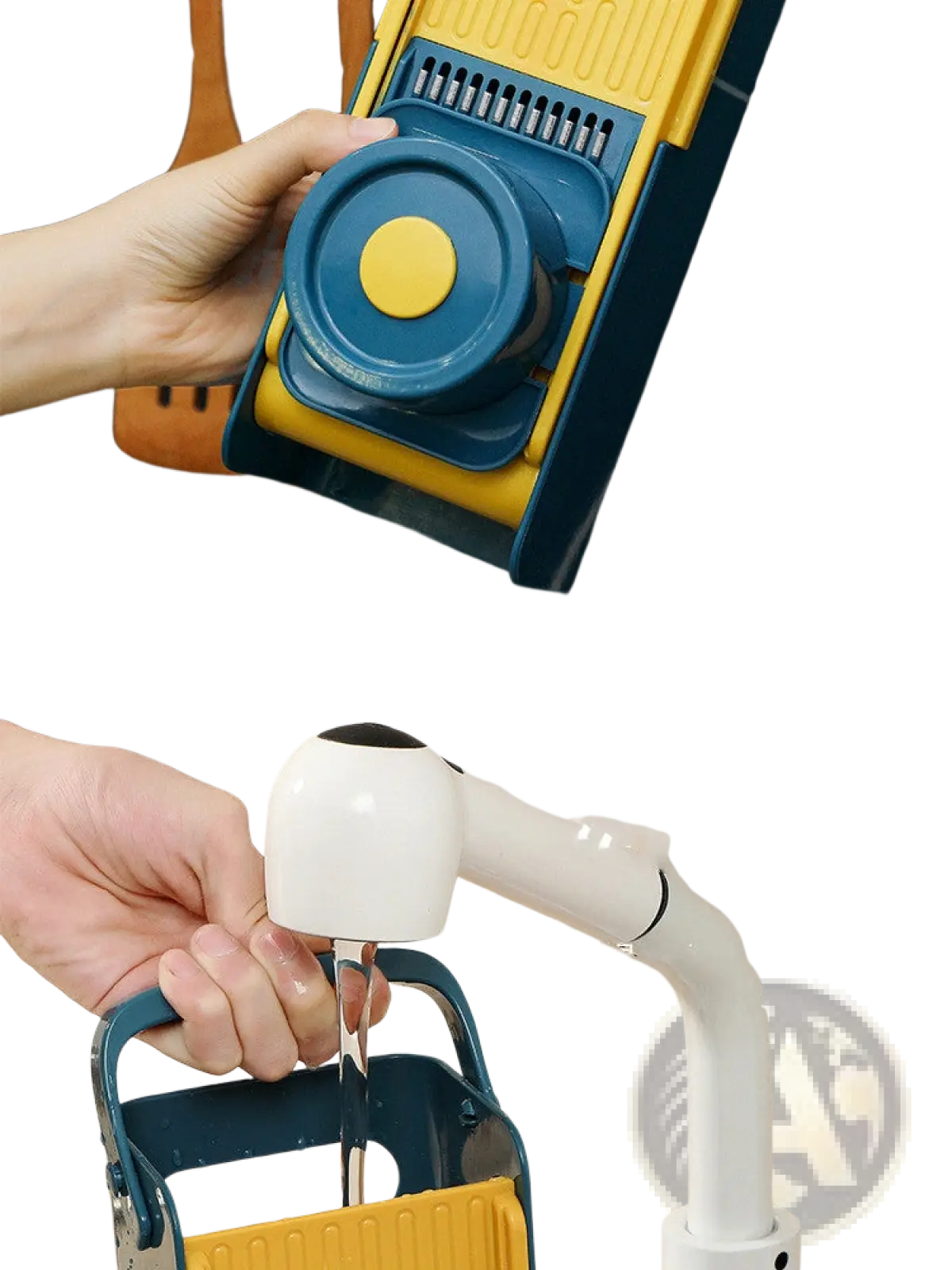 Vegetable slicer 5 in 1 multifunctional cutter in blue and yellow with adjustable slicing blades and circular knob