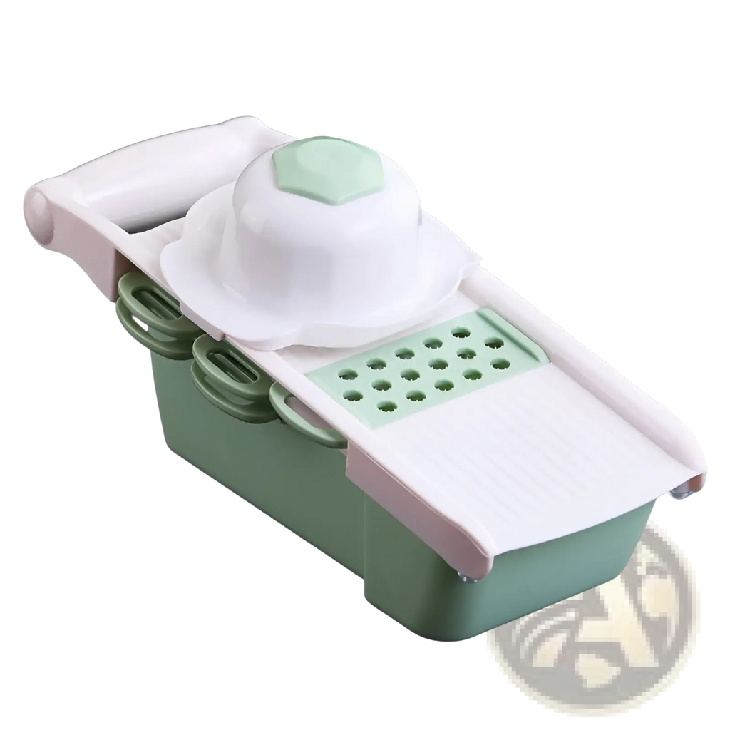 Vegetable slicer mandoline grater with adjustable blades featuring a sleek mint green base and white top for precise cutting
