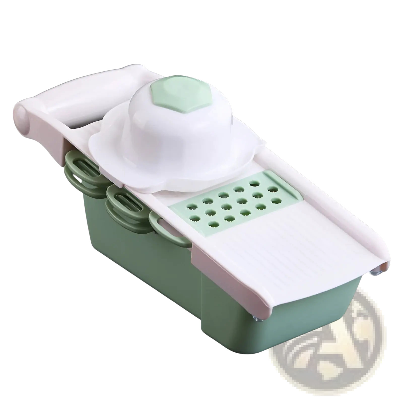 Vegetable slicer mandoline grater with adjustable blades featuring a sleek mint green base and white top for precise cutting