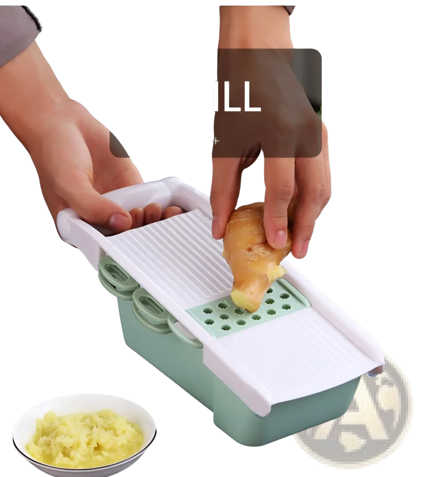 White and mint green vegetable slicer mandoline grater with ridged blade for grating ginger and other vegetables
