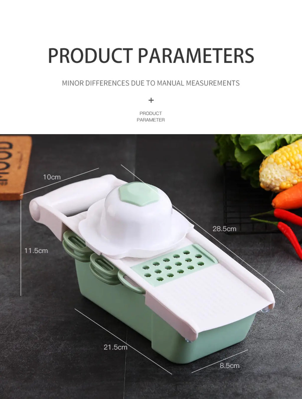 Vegetable slicer mandoline grater with multiple blades in mint green and white plastic featuring side handles and top knob