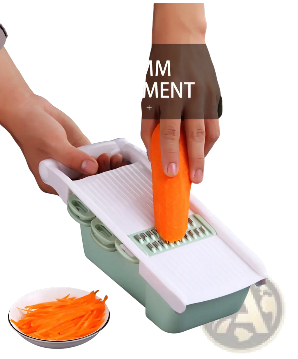 Vegetable slicer mandoline grater with white and mint green plastic body and 2mm filament blade slicing carrot
