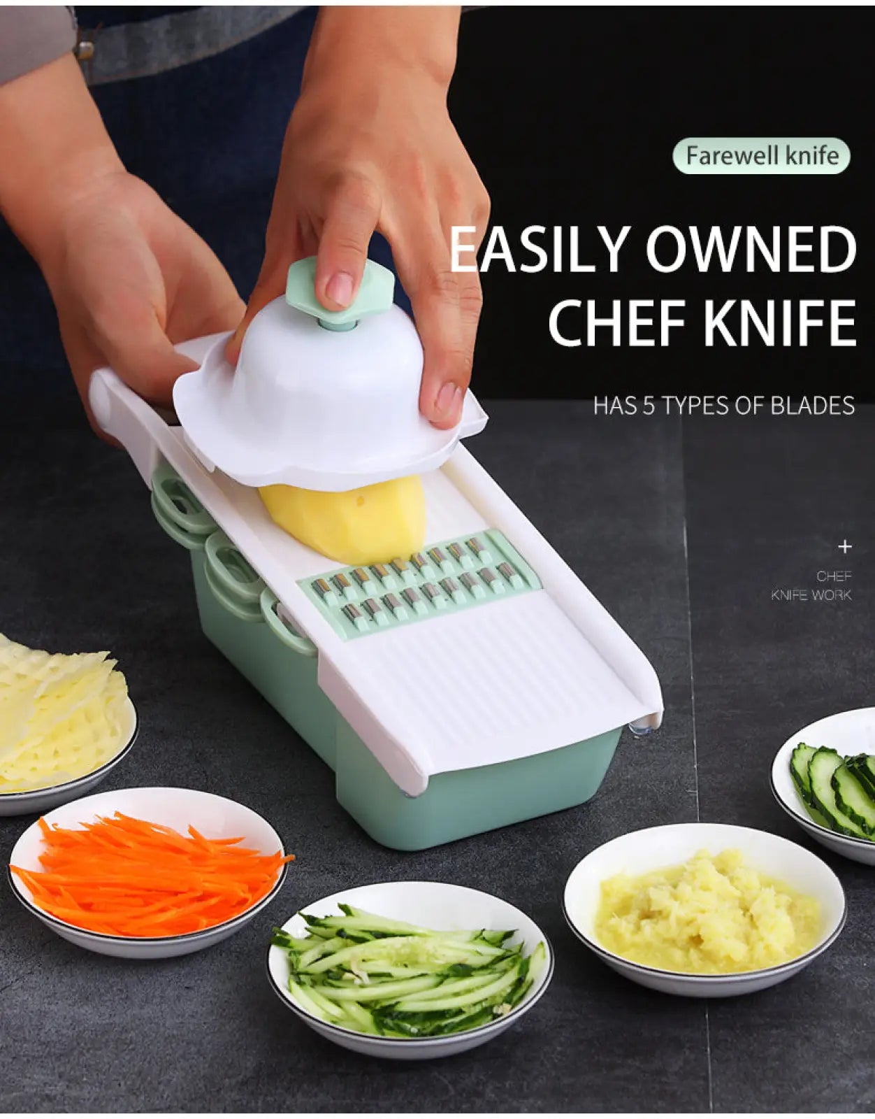 A mint green and white multi-blade vegetable slicer mandoline grater with detachable lid for easy kitchen use