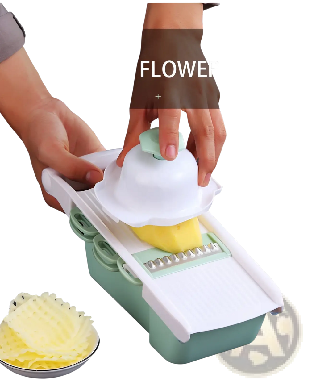 Vegetable slicer mandoline grater with blades in white and mint green slicing a yellow potato into thin wavy strips