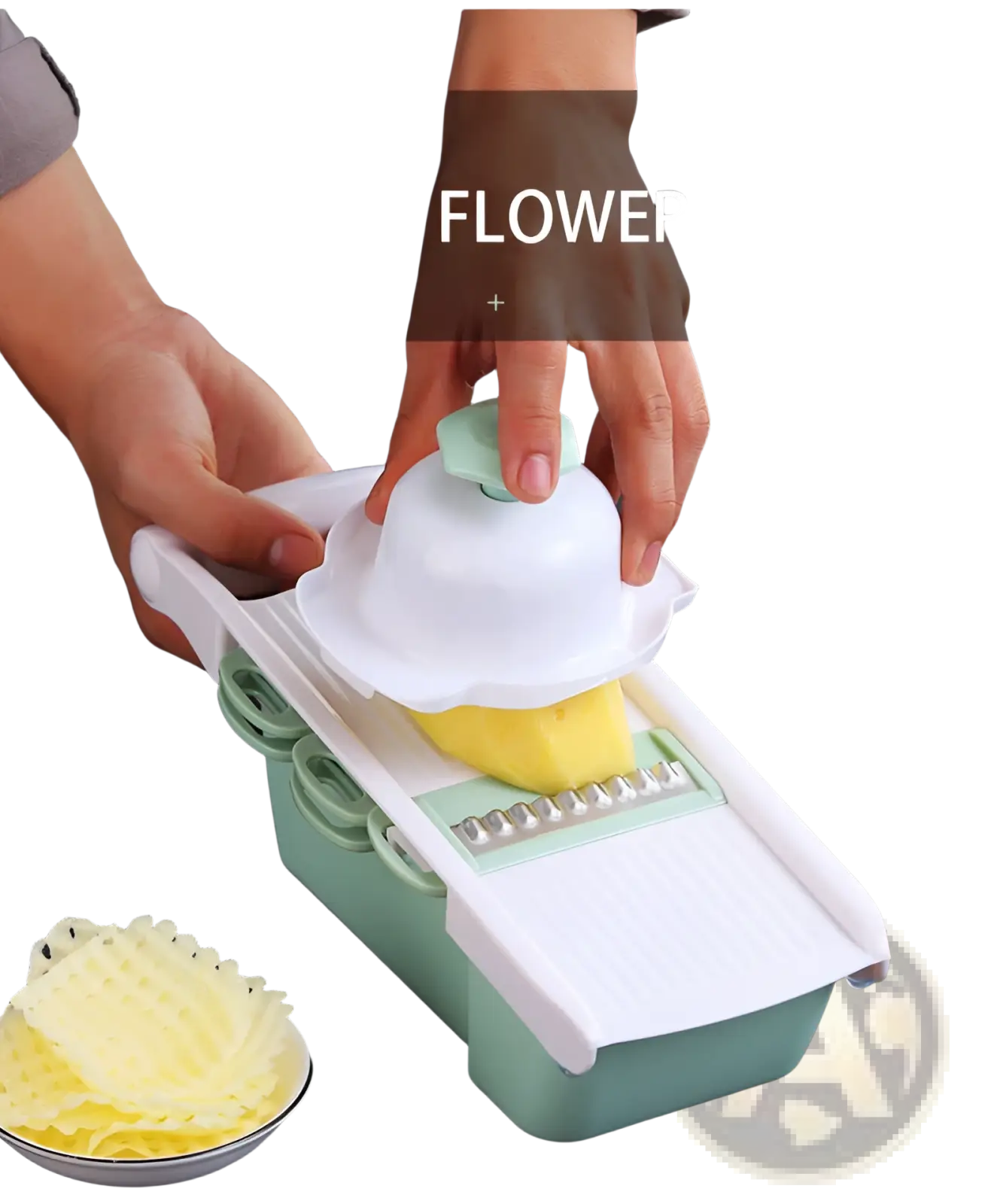 Vegetable slicer mandoline grater with blades in white and mint green slicing a yellow potato into thin wavy strips