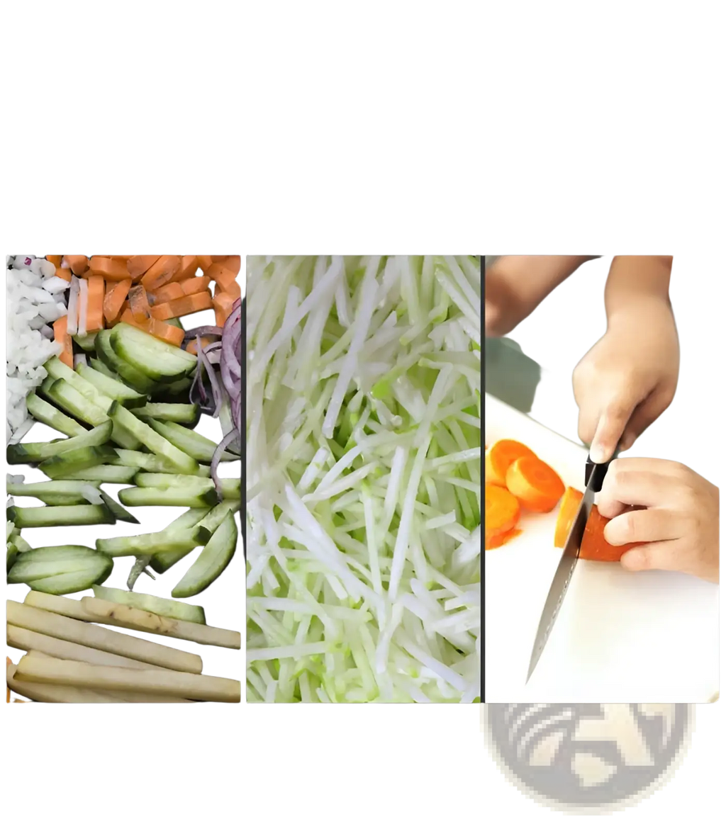 A sleek black-handled kitchen knife with a sharp metallic blade slicing orange carrots on a white board for vegetable slicing