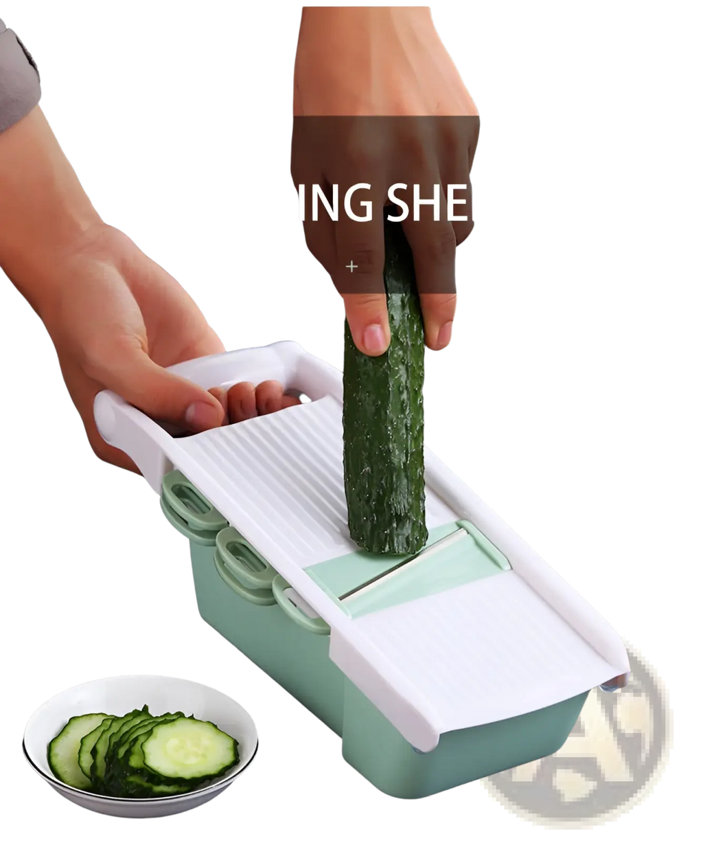 Mint green and white plastic vegetable slicer mandoline grater with ridged planing sheet and interchangeable blades