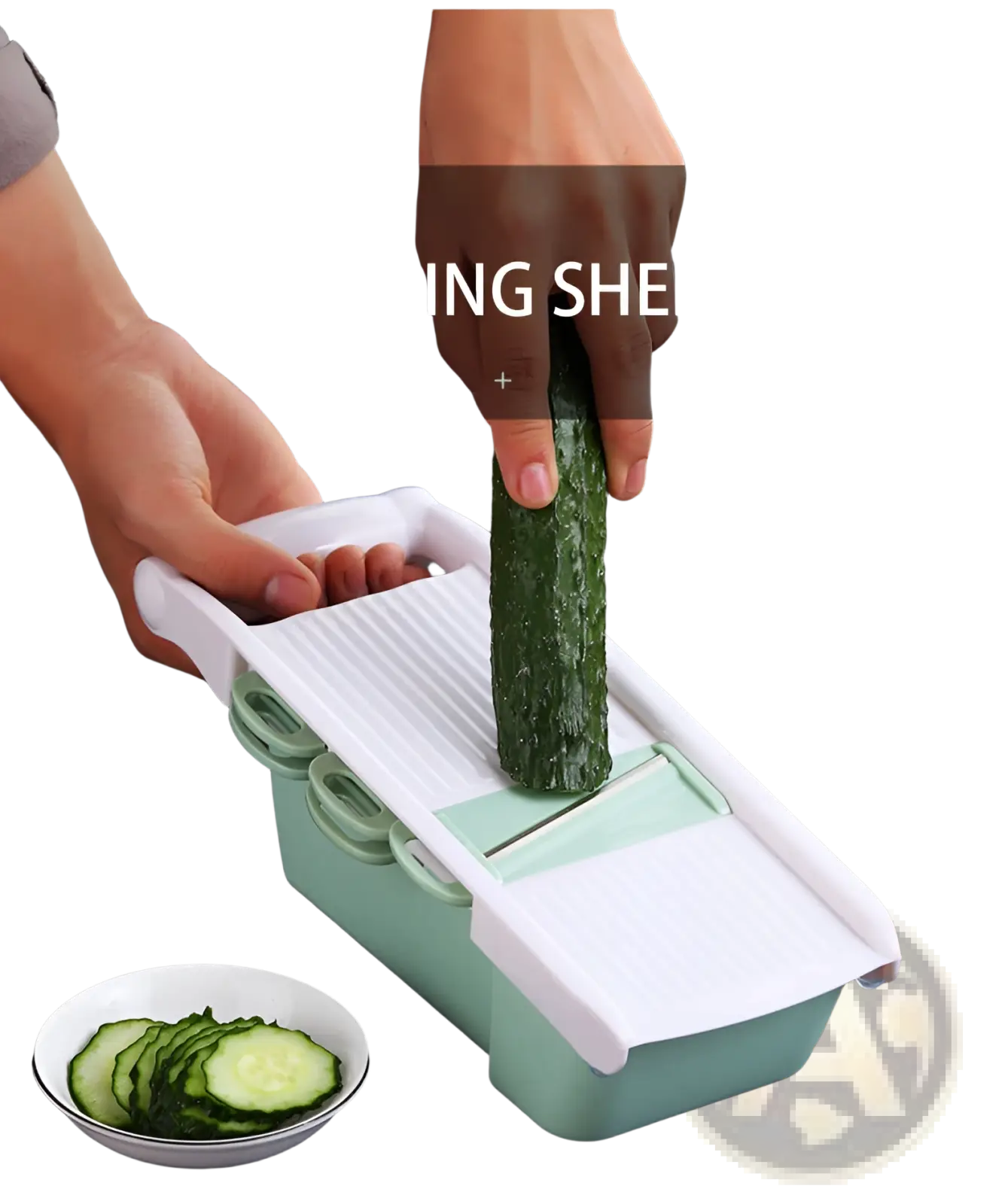 Mint green and white plastic vegetable slicer mandoline grater with ridged planing sheet and interchangeable blades