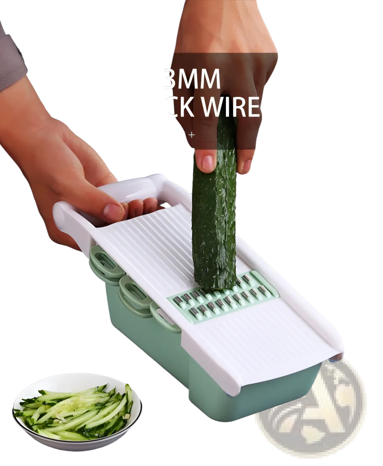 Vegetable slicer mandoline grater in white and mint green with 3mm wire blade for slicing cucumbers into thin strips