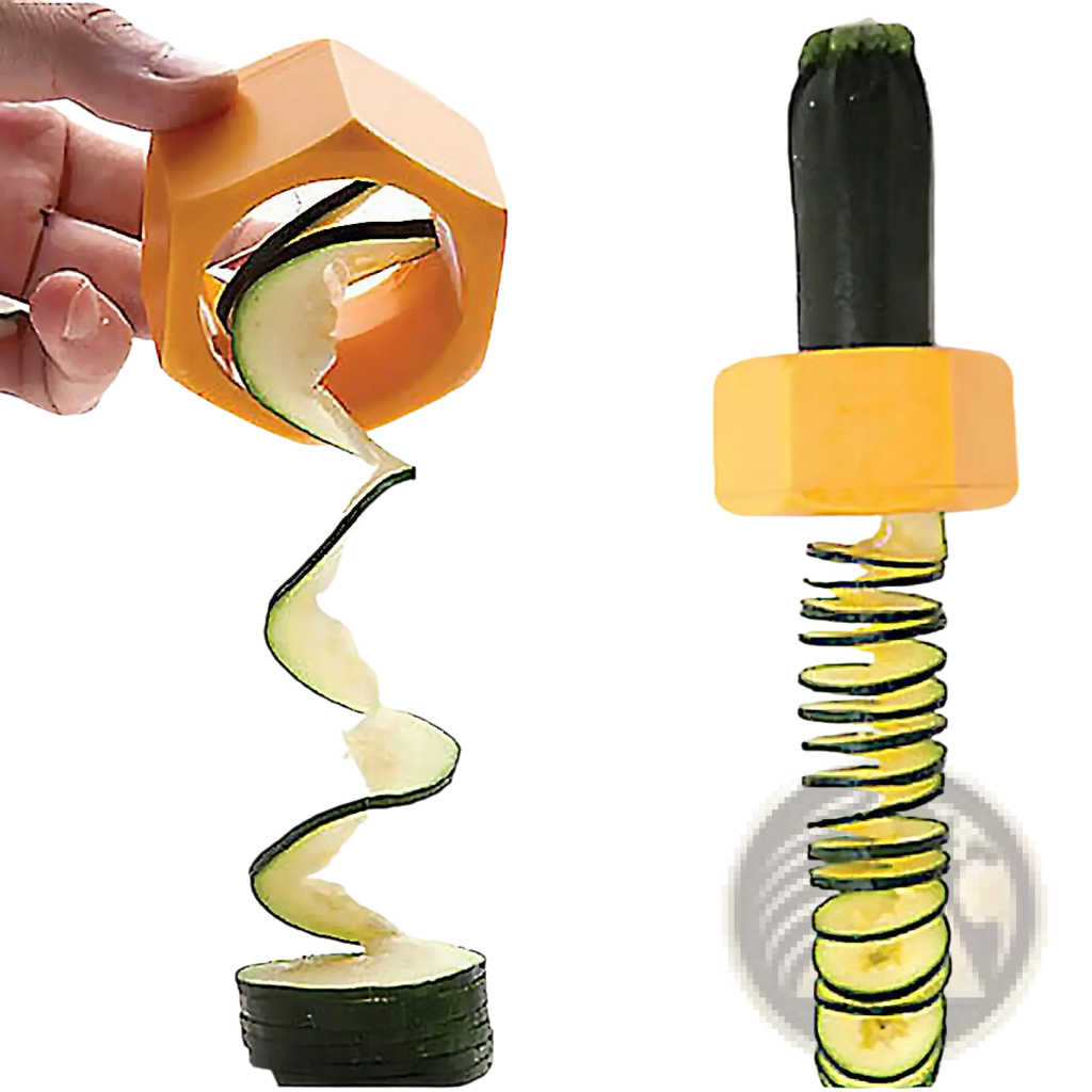 Orange hexagonal manual vegetable spiralizer slicing black zucchini into thin curly slices for cucumber and vegetable cutting
