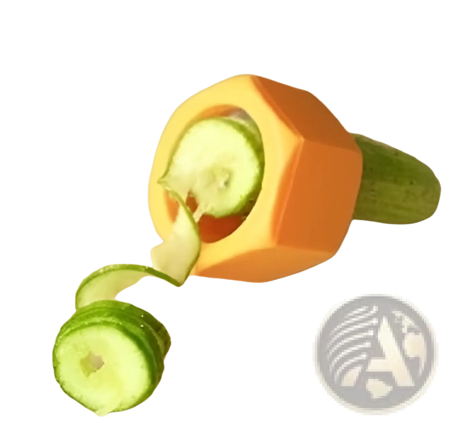 Orange hexagonal manual vegetable spiralizer cucumber slicer cutter with green cucumber spiral emerging from opening