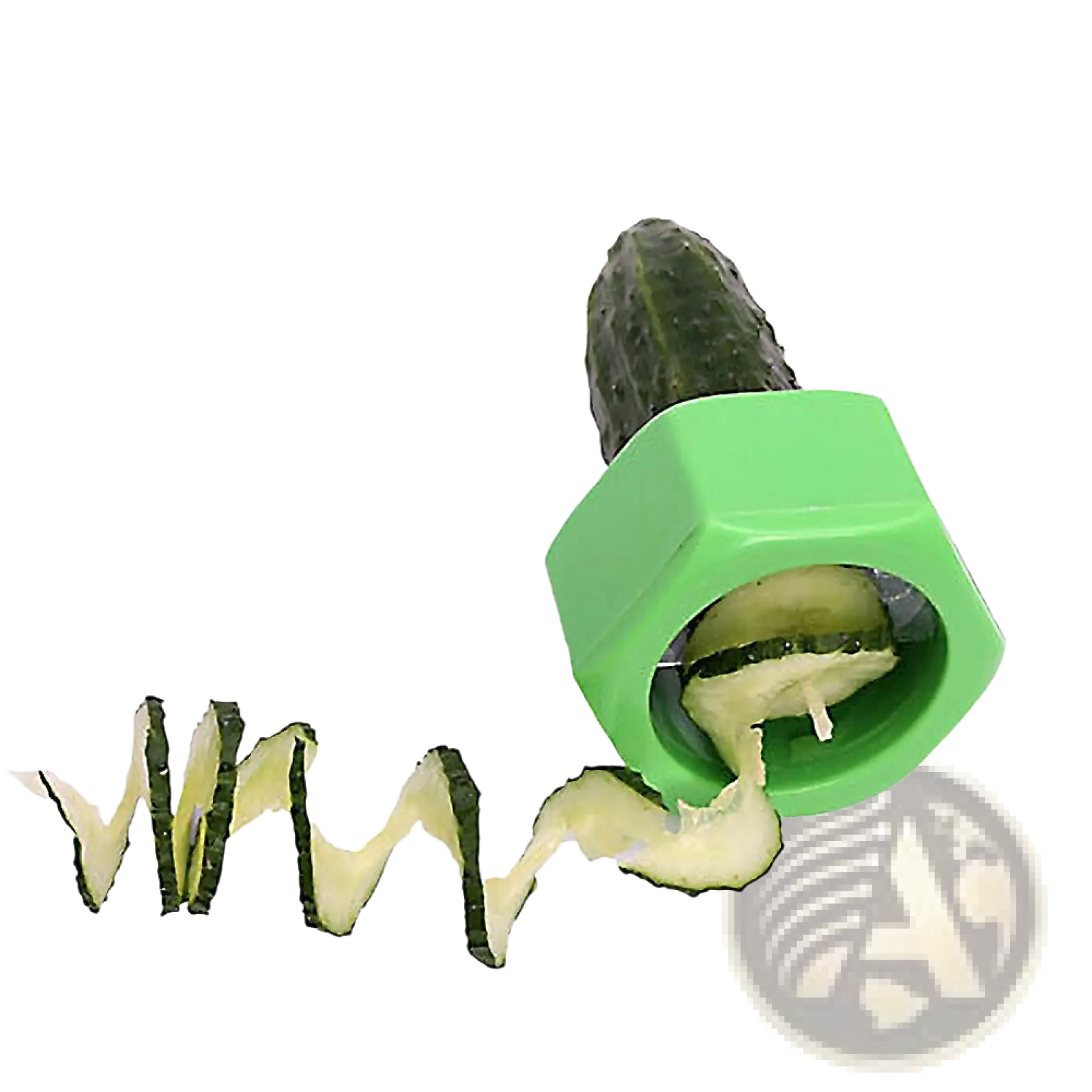 Green hexagonal manual cucumber slicer cutter with spiral vegetable peeler and trailing cucumber skin spiral